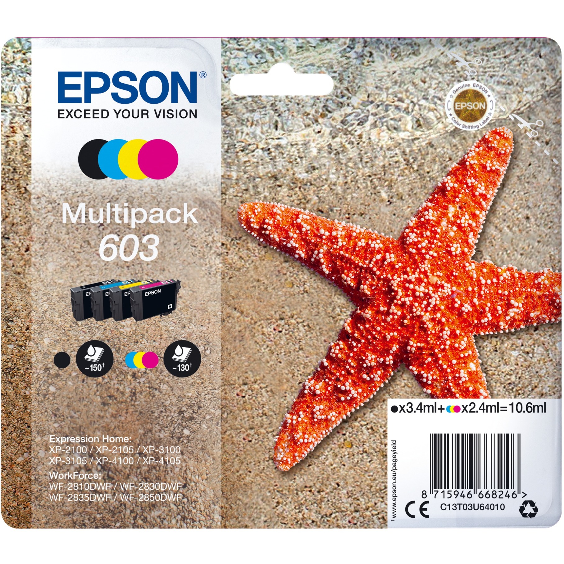 Epson Druckerpatrone 603/T03U64 C13T03U64010 (kompatibel zu Epson 603), schwarz/cyan/magenta/gelb, ca. 1x 150, 3x 130 Seiten 871594666 4 Stück
