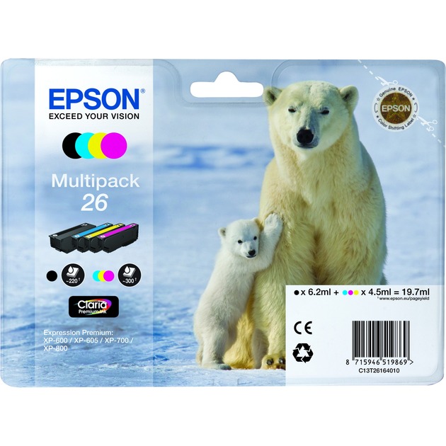 Epson Druckerpatrone 26 / T2616 C13T26164010 (kompatibel zu Epson 26), schwarz/cyan/magenta/gelb, ca. 1x175, 3x180 Seiten 871594651986