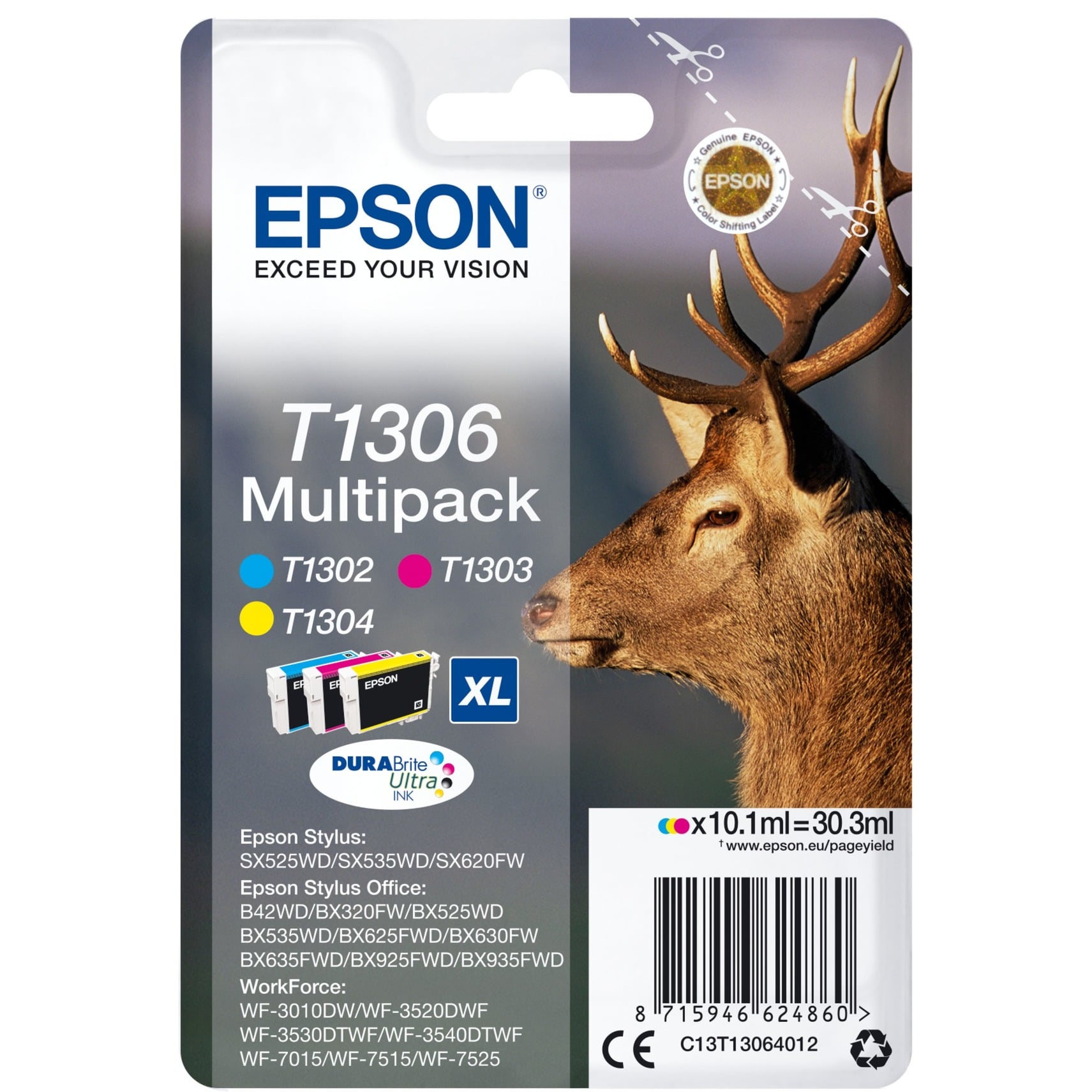 Epson Druckerpatrone T1306 (C13T13064010), Multipack, cyan, magenta, gelb 8715946624860 Epson 3 Stück