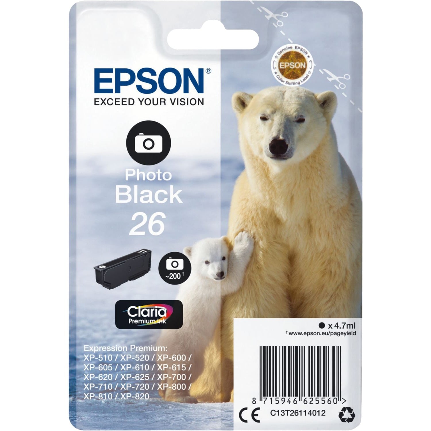 Epson Druckerpatrone 26 / T2611 C13T26114012 (kompatibel zu Epson 26), fotoschwarz, ca. 200 Seiten 8715946625560 Epson