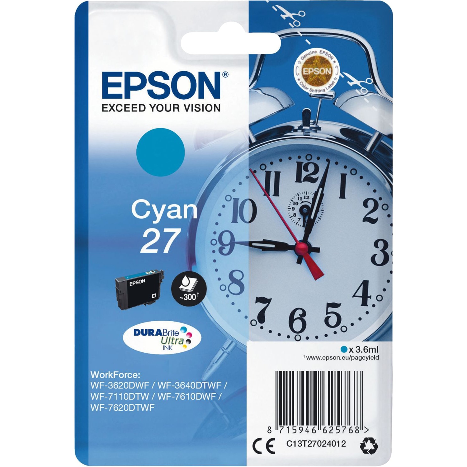 Epson Druckerpatrone 27 / T2702 C13T27024012 (kompatibel zu Epson 27), cyan, ca. 300 Seiten 8715946625768 Epson
