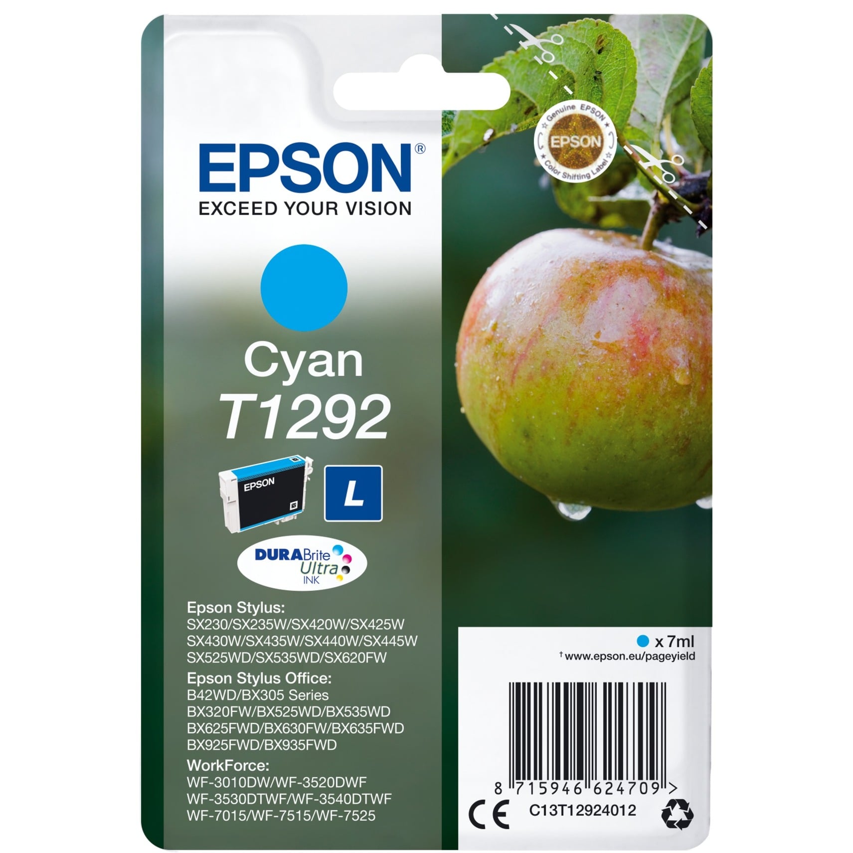 Epson Original T1292 Apfel Druckerpatrone cyan 474 Seiten 7ml (C13T12924012)