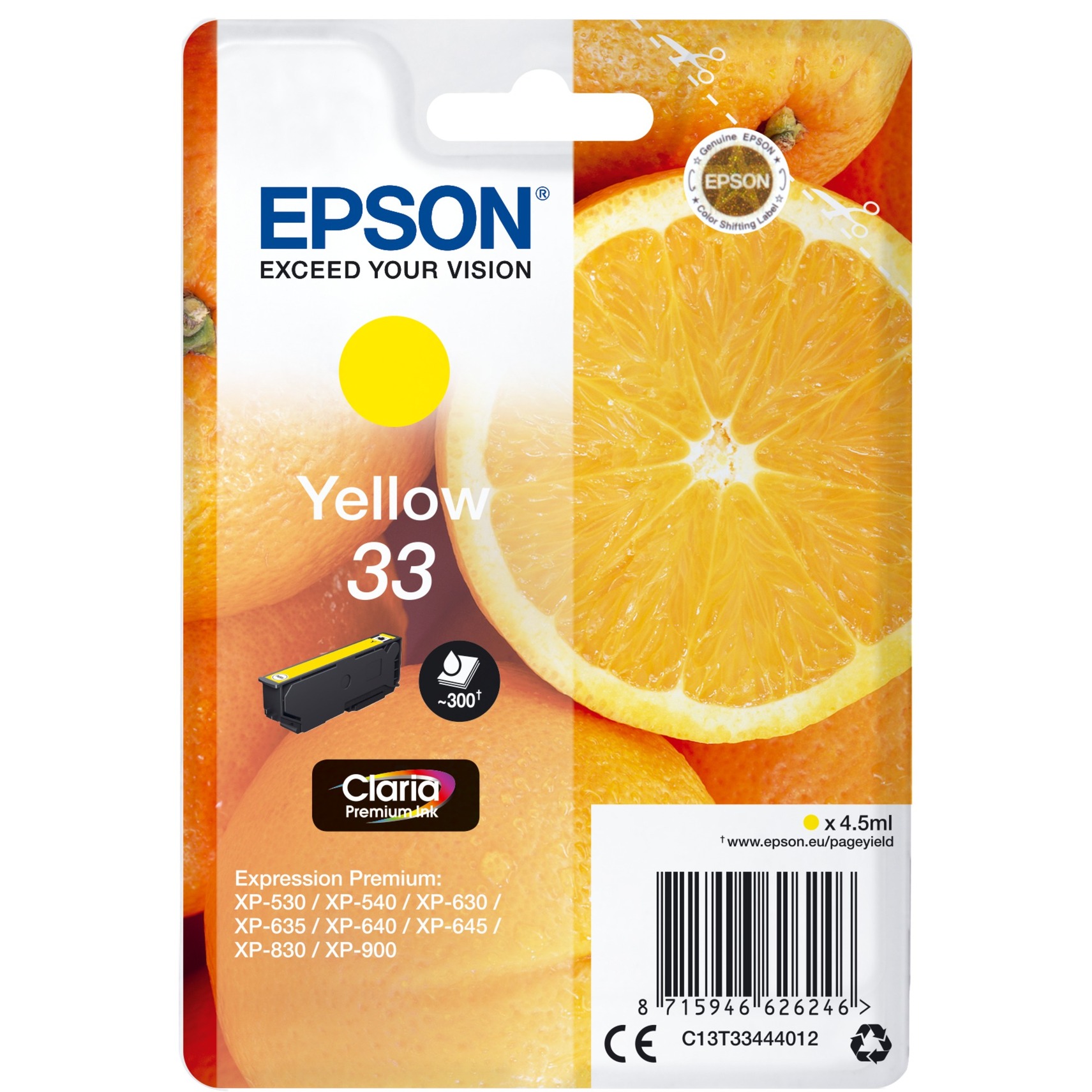 Epson Druckerpatrone 33 / T3344 C13T33444012 (kompatibel zu Epson 33), gelb, ca. 300 Seiten 8715946626246 Epson