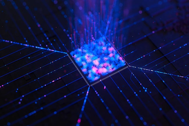 Prozessorchip eines KI-PCs mit visualisierten digitalen Datenströmen