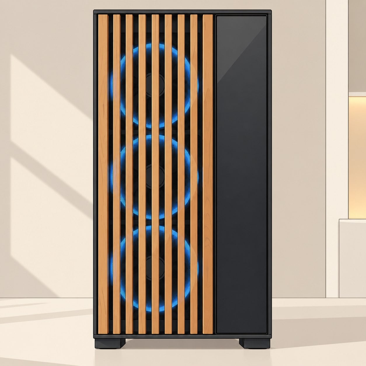 PC-Gehäuse mit Holzfront und drei blau beleuchteten Frontlüftern 