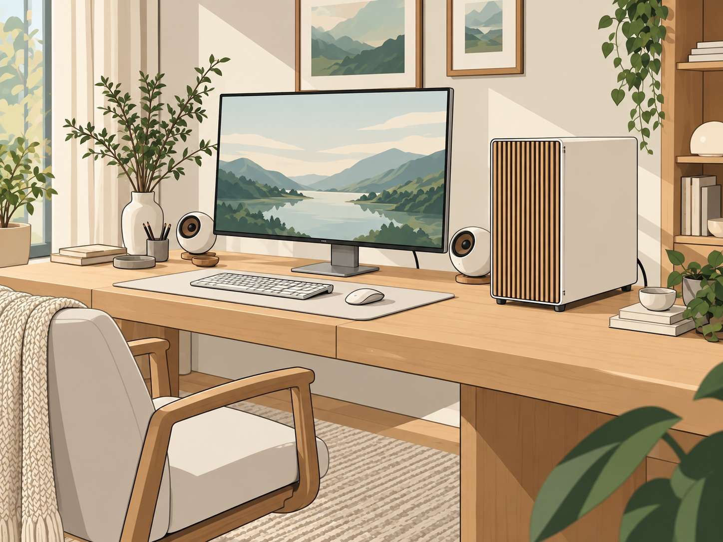 PC-Gehäuse mit Holzfront auf einem modernen Schreibtisch 