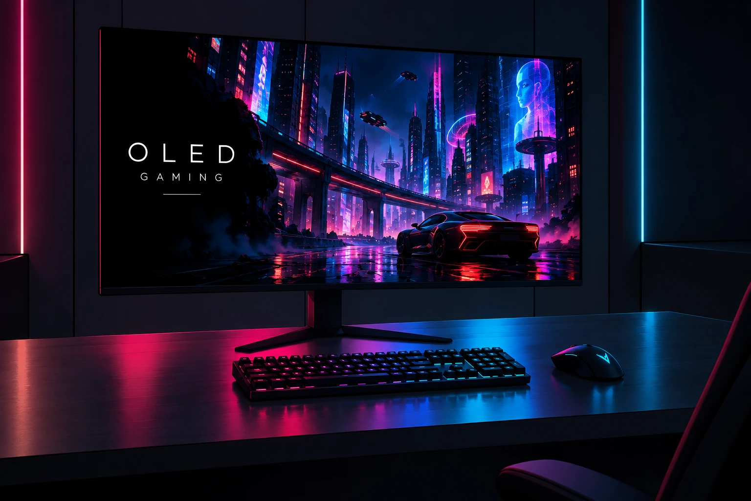 Rennspiel bei Nacht auf einem OLED-Gaming-Monitor mit starken Kontrasten und Reflexionen