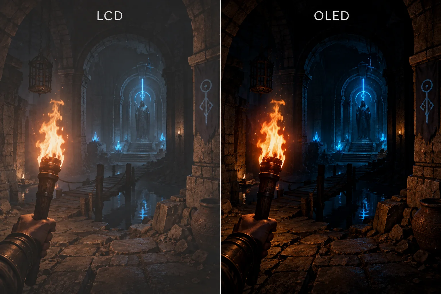 Vergleich von LCD und OLED bei einer dunklen Gaming-Szene mit hohen Kontrasten