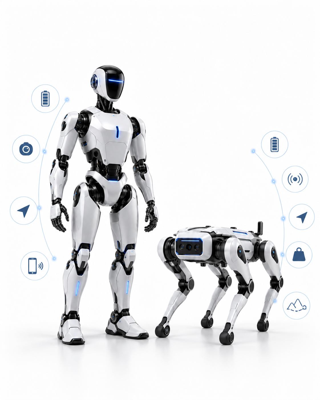 Humanoider Roboter und vierbeiniger Roboterhund mit Symbolen für Akku, Sensoren, Navigation, Fernsteuerung und Mobilität